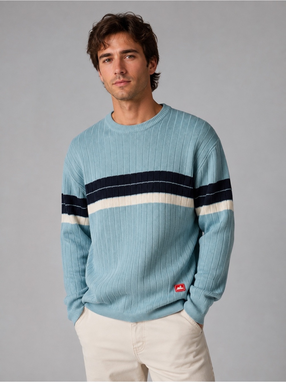 Vintage Britches Great Outdoors Men’s L Blue Ribbed Stripe Crewneck Sweater 90s